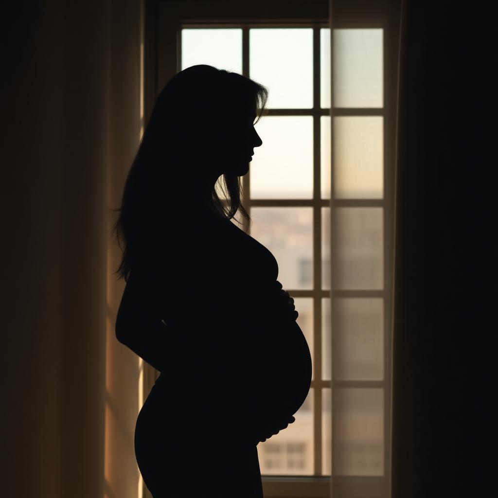 Silueta de mujer embarazada frente a una ventana con luz cálida