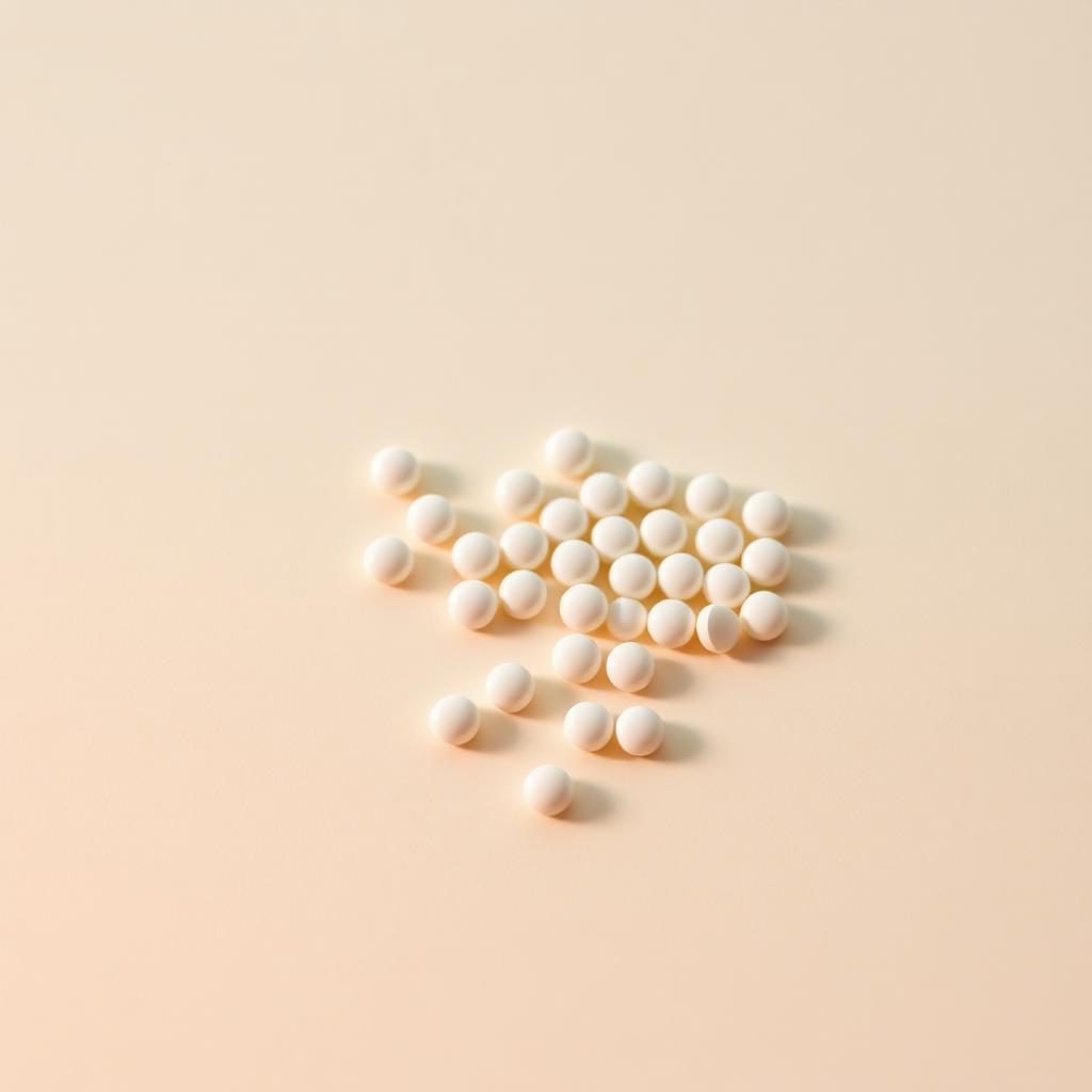 Pastillas blancas dispuestas sobre una superficie beige con luz suave