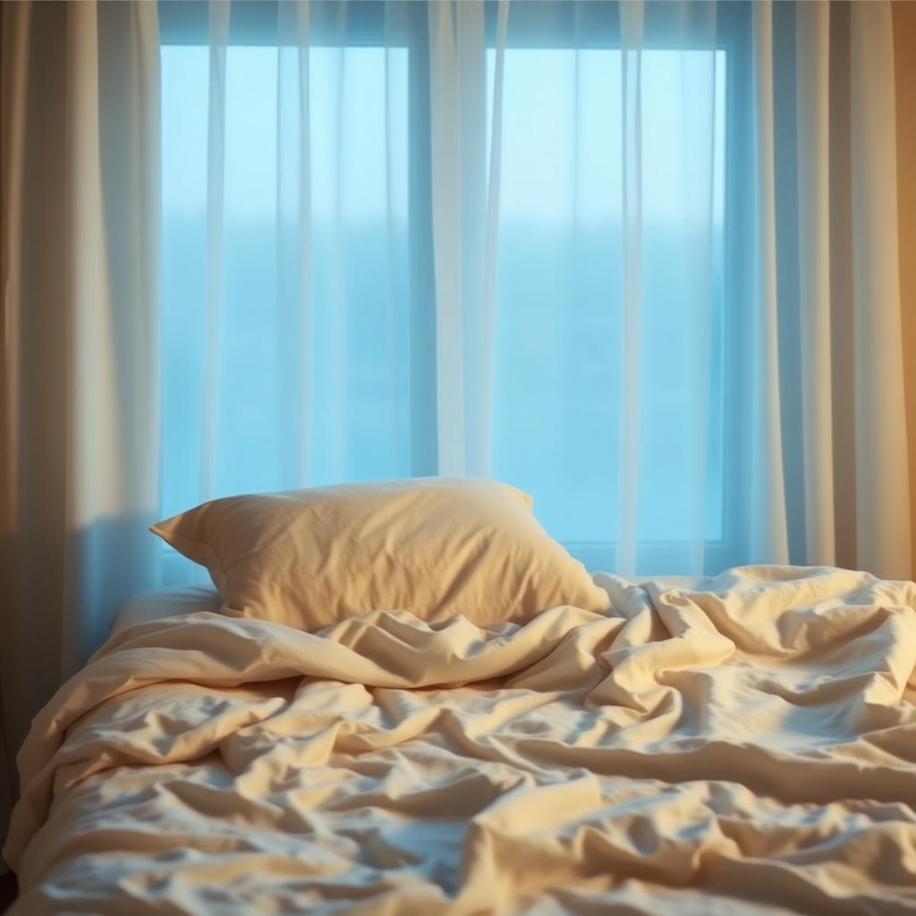 Cama deshecha con luz de amanecer entrando por la ventana