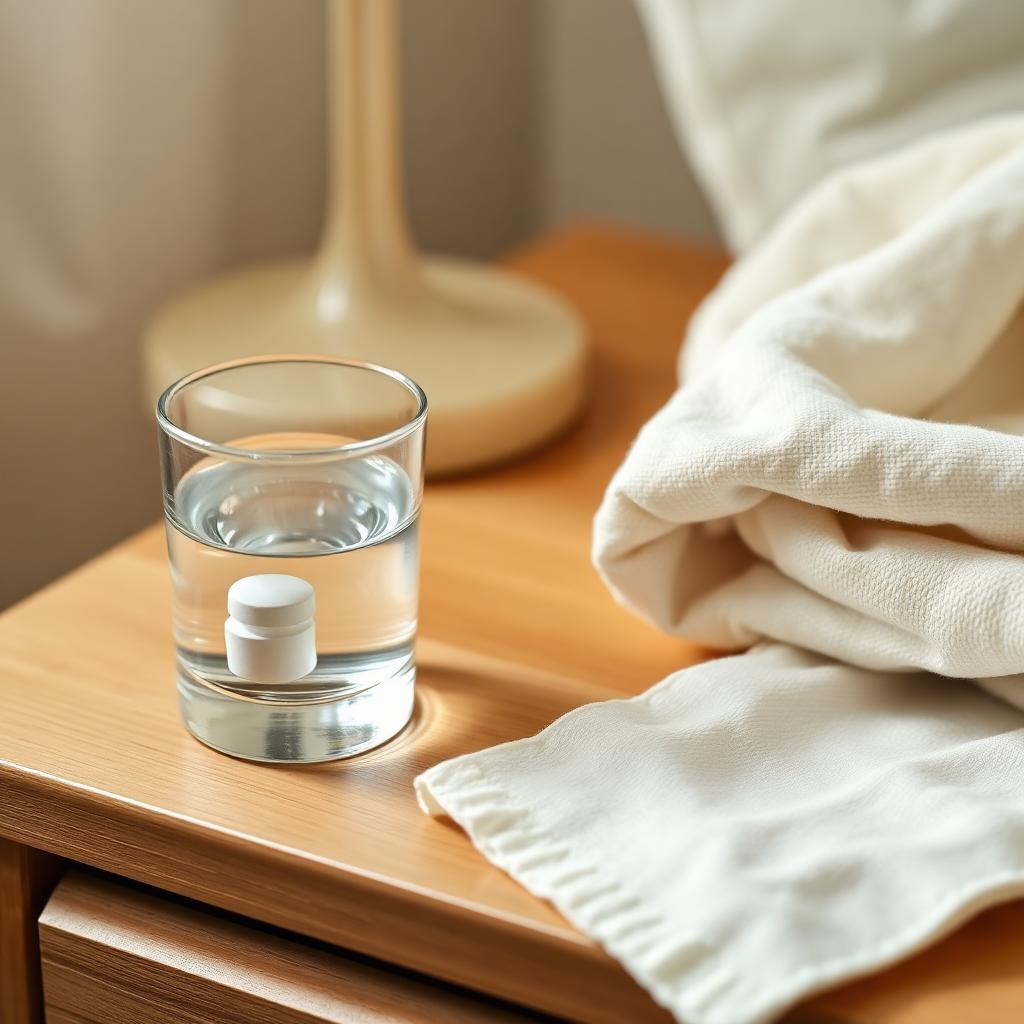 Vaso de agua y una pastilla junto a un pañuelo de bebé sobre una mesita