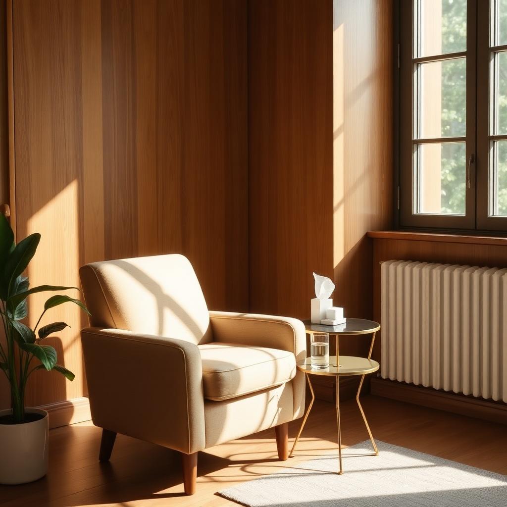 Sala de consulta con sillón acogedor, mesita y luz natural cálida
