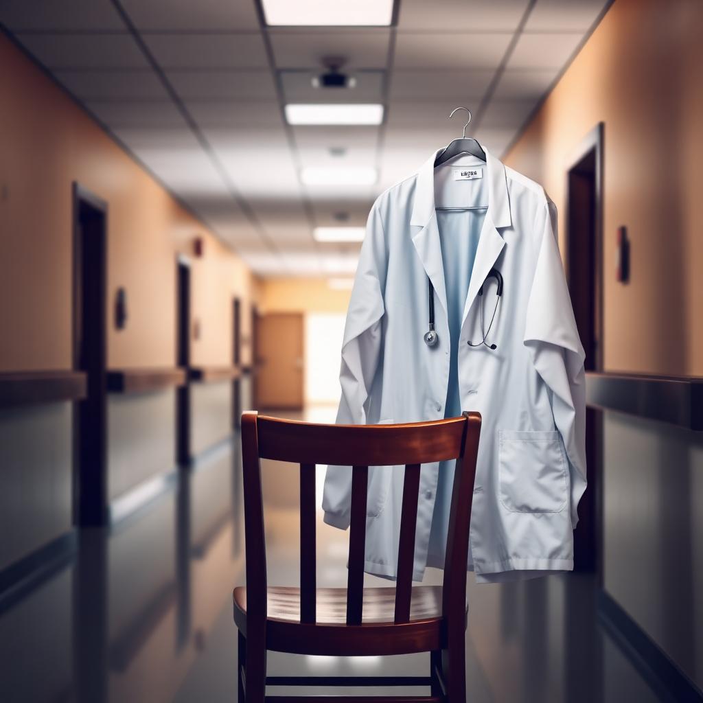 Pasillo de hospital con una bata blanca colgada en una silla de madera