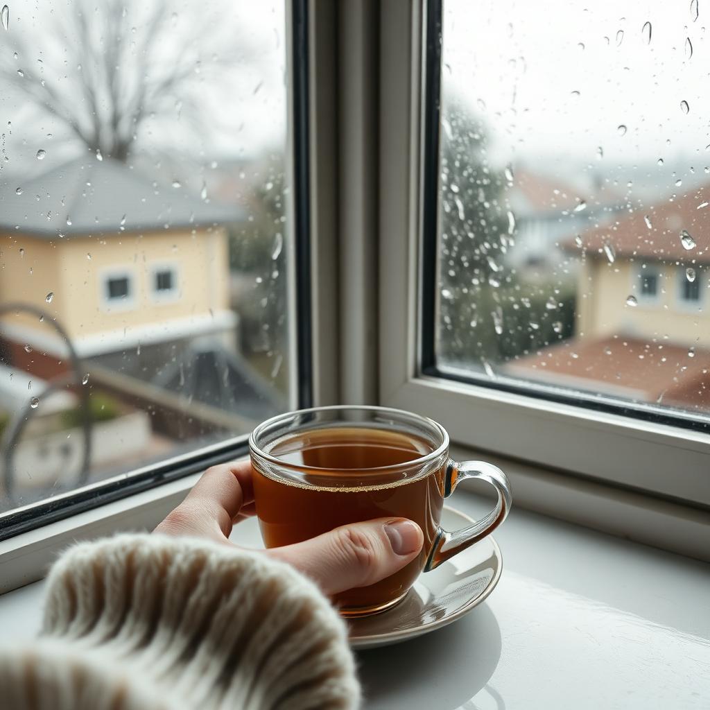 Mano sosteniendo una taza de té junto a una ventana con lluvia